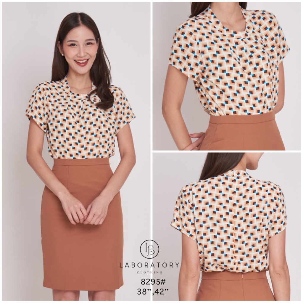 *Laboratory* เสื้อ 8295#เสื้อทำงาน ผ้าพิมพ์ลาย ทรงคอกลมจับจีบ โค้งเอวเข้ารูป