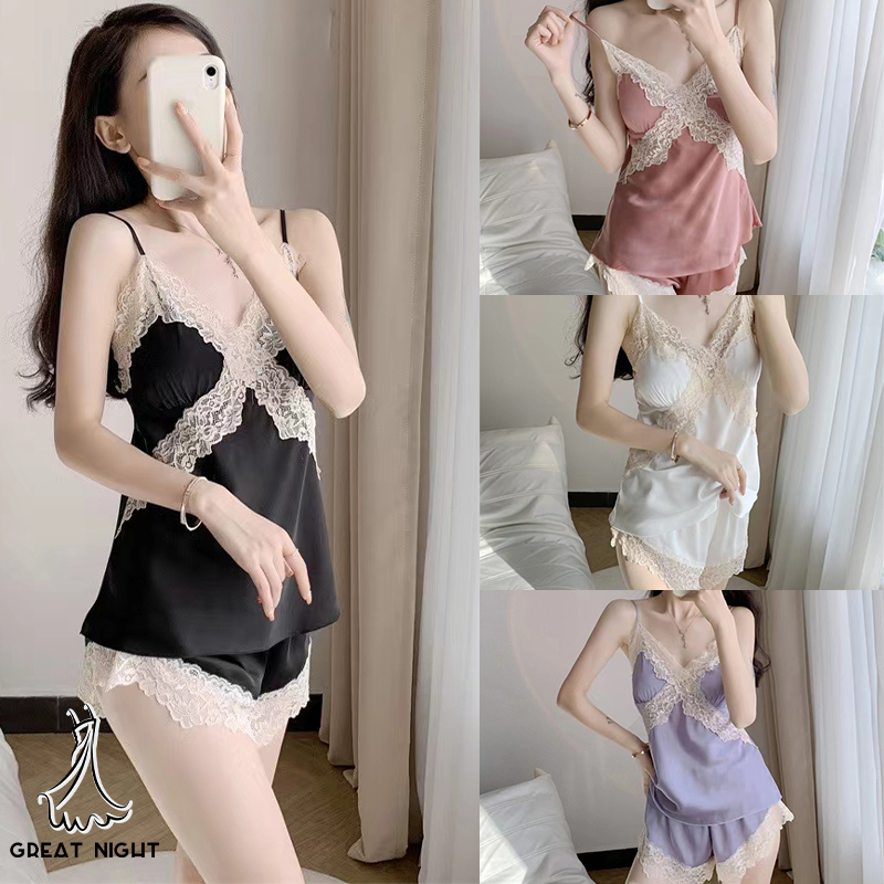 ชุดนอนผู้หญิง ชุดนอนผ้าคอตตอน set เสื้อ+กางเกงขาสั้น วัสดุผ้าไหมน้ำแข็งเรียบH9120
