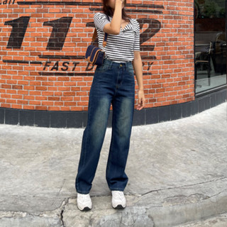 กางเกงยีนส์ทรงกระบอกกลาง สีฟอกเข้ม รุ่น Eve Jigsawjeans