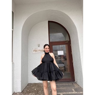 ###เดรสสั่นคอชิดแต่งกระโปรงฟู่ฟองแต่งผ้ามุ่งสองชั้นมีซับใน สวยสุดจร้าแม่###