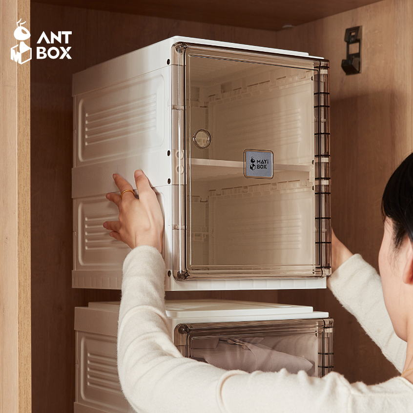 ANTBOX [พร้อมส่ง !! ] กล่องใส่รองเท้า 1 แถว 2 ชั้น 2 คู่ ติดตั้งง่าย พับเก็บได้ มีหลายช่องเก็บ ประตู