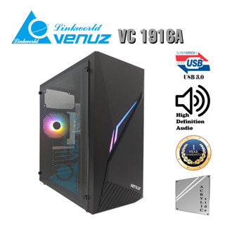 VENUZ Acrylic Side ATX Computer Case VC 1916A with RGB LED Lighting &amp; 120mm Rainbow RGB Fan – Black