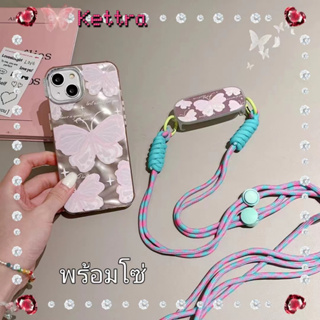 💜Kettra💜รุ่นโซ่ ป้องกันการหล่น ขอบเต็ม iPhone 11 14 pro max ผีเสื้อ เคสใส หวานสวย เรียบง่าย สีชมพู case for iPhone 12 13