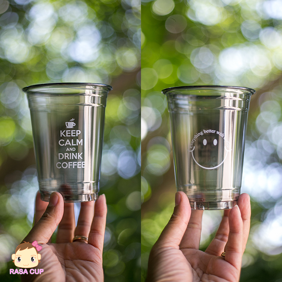 [FC16Bsmile -100] แก้ว PET รุ่น FC สีดำ ขนาด 16 ออนซ์ พิมพ์ลายยิ้มสีขาว จำนวน 100 ใบ ไม่รวมฝา