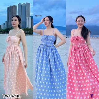 J18710 แม็กซี่เดรสสายเดี่ยว ลายดอกไม้ เว้าหลัง ผูกโบว์หลัง One-shoulder maxi dress, floral print, backless, bow tie back