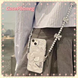 🍑CasePhoneg🍑พร้อมโซ่ ป้องกันการหล่น ขอบเต็ม iPhone 11 14 pro max ผีเสื้อ เงิน หวานเท่ เรียบง่าย case for iPhone 12 13