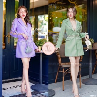 3 color 🖍️ blazer dress ผ่าแขนแต่งโบว์เพชร +เข็มขัดมุก 😈04-0923