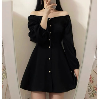 black mini dress แฟชั่น เสื้อผ้าแฟชั่นผู้หญิง เพิ่มขนาด งานพรอม เกาหลี แขนยาว มินิเดรส