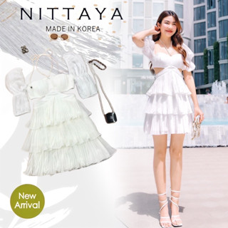 Code : M8 Nittaya เดรสสั้นแขนสั้นเว้าเอว สีขาว ไซส์ Xs-L สำหรับผู้หญิง