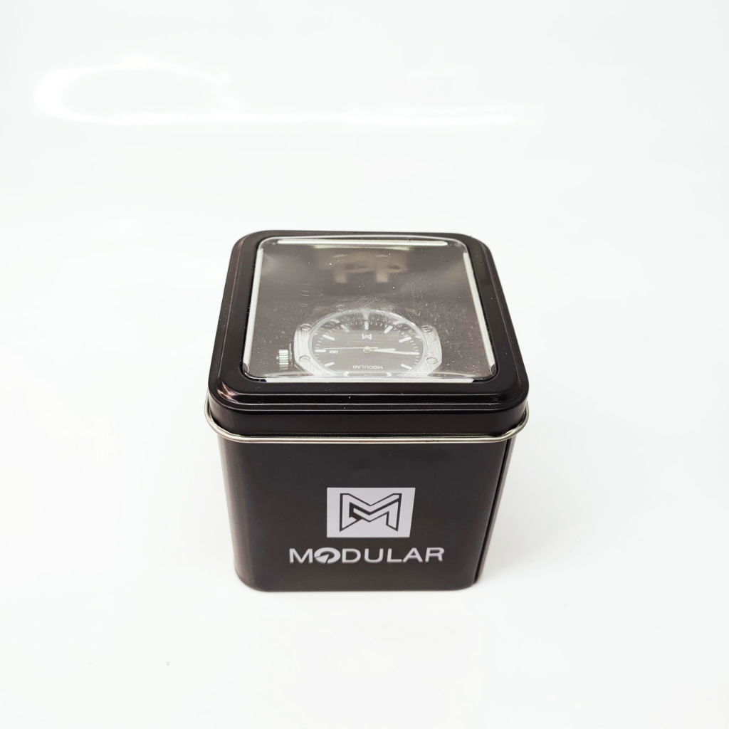 นาฬิกา Modular แบรนด์แท้ กล่องเหล็ก สายดำ หัวเงิน