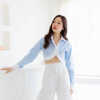 พร้อมส่ง🌈เสื้อเชิ้ตแขนยาว ตัวสั้น แต่งขอบทูโทน ผ้าคอตตอน🔥