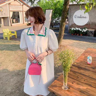 เดรสไหมพรม แขนสั้น สีพื้น แต่งกระดุม รุ่น47148-1