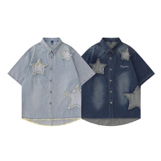 KOREA DENIM SHRIT : เสื้อเชิ้ตผ้ายีนส์ฟอกนุ่มปักลายดาว