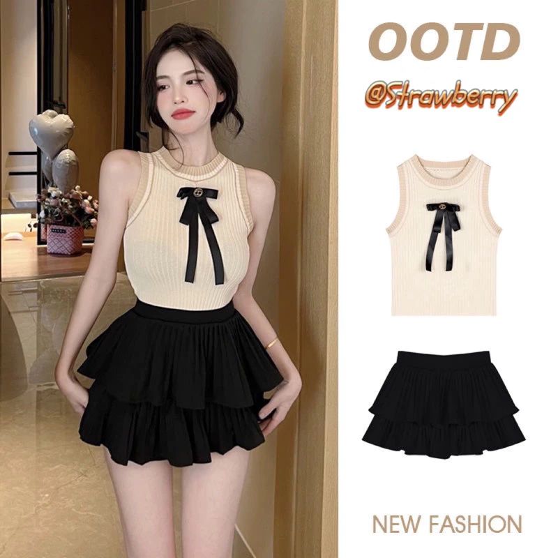 Str🍓พร้อมส่ง🍓เสื้อเซ็ท2ชิ้น ชุดเจ้าหญิงดูแพงเสื้อสายเดี่ยว+กระโปรงสั้นชุดเซ็ตสไตล์สาวเกาหลีชุดไปทะเลสำหรับผู้หญิง
