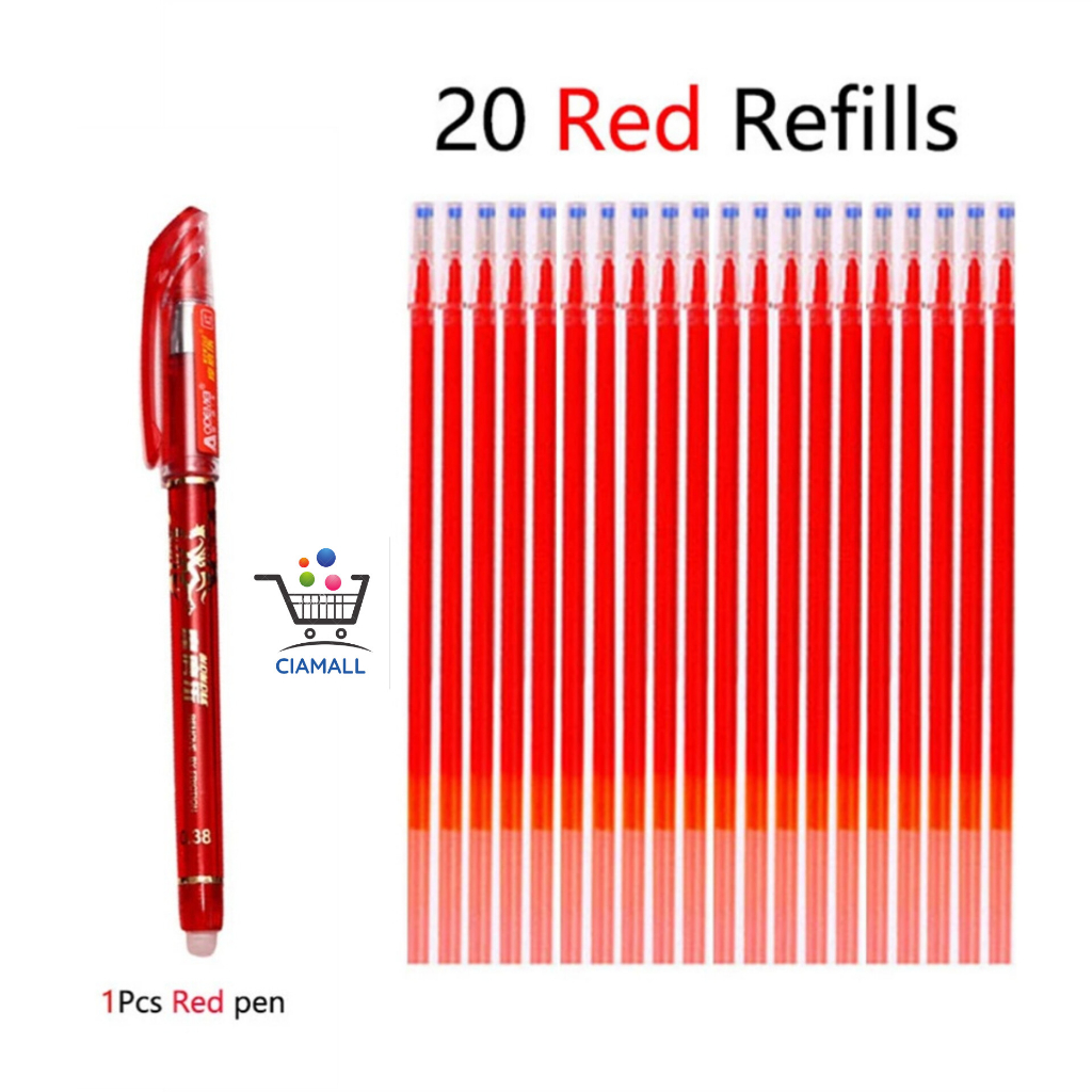 ปากกาลบได้ สีแดง 1+20 erasable pen ชุดพิเศษ ปากกา 1 ด้าม พร้อมไส้ปากกา 20 ชิ้น ราคา 79 บาท ปากกามียางลบในตัว