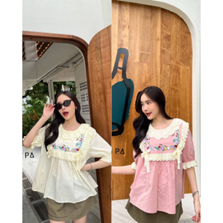 เสื้อเกาหลีแขนสั้นแต่งระบายรอบคอแขน🌸Lilly Top🥨ป้าย ploypa