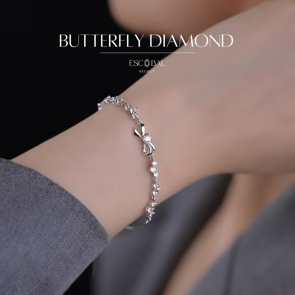 ESCOBAL สร้อยข้อมือเงินแท้ Butterfly Diamond สร้อยข้อมือเพชร Moissanite สร้อยข้อมือ สร้อยข้อมือโบว์