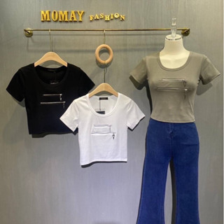 เสื้อยืดแขนสั้นสุดชิค! คอUเล็ก ป้าย MOMAY(โมเม)