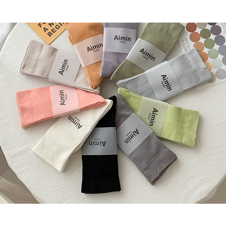 ถุงเท้าสีล้วน ข้อกลาง สีเอิร์ธโทน cotton เนียนเรียบไม่มีลายเส้น 10สี