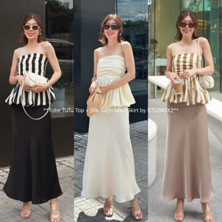 ✨น้องใหม่!! สวยมั้ยค่ะ?🪞Tube TuTu Top + Silk Satin Skirt (690฿ฟรีส่ง) นางเป็นเซ็ต 2 ชิ้น เสื้อเกาะอกชายTuTu studioX2