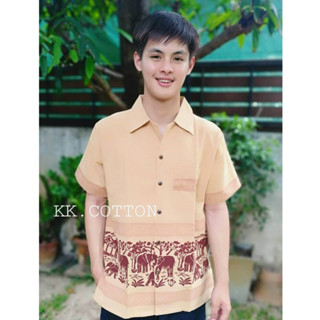เสื้อพื้นเมืองแต่งพิมพ์ลายช้างล้านนารอบตัว มี3สีให้เลือก แบบเสื้อใส่ได้ทั้งชายหญิง