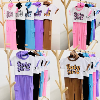 พร้อมส่ง!! ชุดเซ็ตเด็ก 3 ชิ้น Baby Girl บาบี้เสื้อกางเกงแถมโดนัทมัดผม