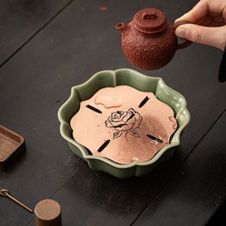 Celadon Retro Brass Petal Tea Tray Ceramic Saucer Dry Bubble Tray Water Storage Tea Tray Pot Bearing Refreshment Tray