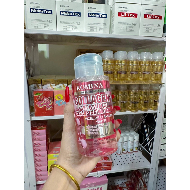 คลีนซิ่ง(ชมพู) Romina collagen cleansing water ช่วยทำความสะอาดเมคอัพ