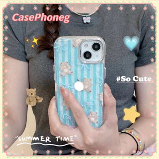 🍑CasePhoneg🍑ป้องกันการหล่น ขอบเต็ม iPhone 11 14pro max ริ้วรอย เคสใส หวานสวย การ์ตูน หมีน้อย สีฟ้า case for iPhone 12 13