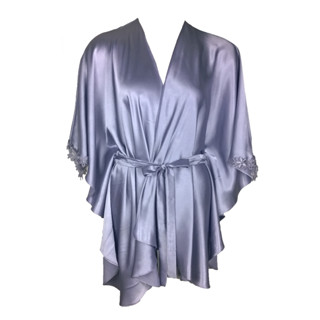 Annebra เสื้อคลุม ทรงกิโมโน ผ้าซาตินแต่งผ้าลูกไม้ มีสายรัดคาดเอว Satin Robe รุ่น AN8-510 สีฟ้าน้ำทะเล