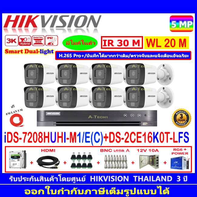Hikvision 3K รุ่น DS-2CE16K0T-LFS 3.6//2.8 (8)+DVR iDS-7208HUHI-M1/E(C)(1) +ชุด1//2H2JBP/AC หรือ ชุด