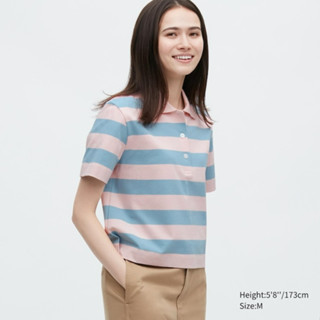 UNIQLO ของแท้ เสื้อโปโล แขนสั้น ทรงครอปหลวม ลายทาง