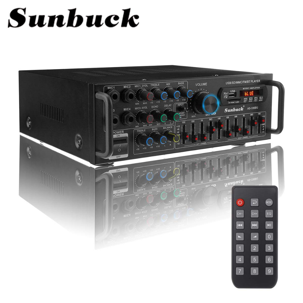 sunbuck 2-channel 336BU รถบ้าน เพาเวอร์แอมป์ DC 12V, AC220V ต่อกับลำโพงแอคทีฟ 2 ตัว, ไฮไฟ 1 ตัว
