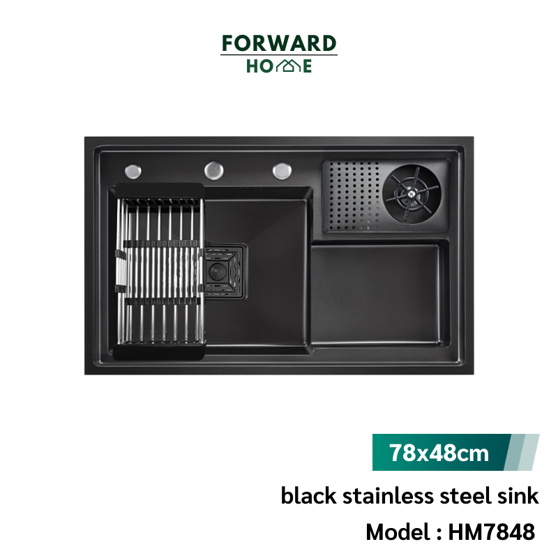 Forward ซิงค์ล้างจาน อ่างล้างจาน สแตนเลสเคลือบนาโน พร้อมที่ล้างแก้ว ขนาด78x48ซม. Black stainless steel sink รุ่น HM7848