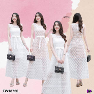 TwinsShopVip💗พร้อมส่ง TW18750 dress ผ้าลูกไม้ซีทรูสีขาวแขนกุด ..