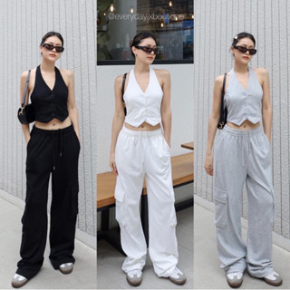 พรี sporty halter x cargo look set🤍🩶🖤(530฿ฟรีส่ง) ชุดเซทสปอร์ต เสื้อสไตล์ vest เบลเซอร์คล้องคอ กางเกงกระเป๋าคาร์โก้ glam