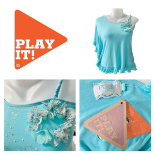 Play it ! (P6) ของแท้ เสื้อยืดผู้หญิง ไซส์เด็กโต สีฟ้าปักดอกไม้ สายเดี่ยวปาดไหล่1ข้าง