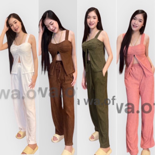 🔥Java wa shop🔥ผ้ายืด เปลือกไม้อัดพลีท ผ้าน้ำเข้าเนื้อดี     SET2ชิ้น เสื้ออกเสริมฟองน้ำ+กางเกงขายาว ทรงสวยดูดีมาก