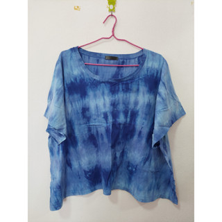 มือ 2 ชุดเซตแขนสั้นขายาวผ้ายืดคอตต้อล ลายมัดย้อม สีฟ้า ยี่ห้อ Kwantbigsize 2XL