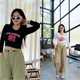 ▶️new-in ( เข้าใหม่ ) เสื้อครอปแขนยาว สกรีน 91 พร้อมส่ง