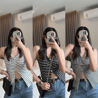 striped top แขนกุดผ่าเอว