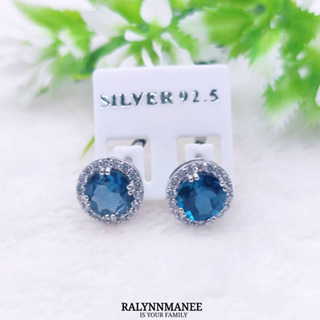 P6423 ต่างหูพลอยโทพาซแท้ ( Topaz ) เฉดสีลอนดอน แบบอิงลิชล็อค ตัวเรือนเงินแท้ 925 ชุบทองคำขาว