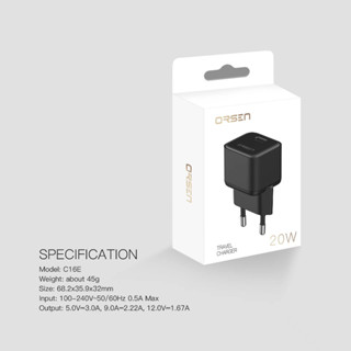 แท้100% ส่งไว รับประกัน1ปีเต็ม! Orsen C16E หัวชาร์จเร็ว PD 20W Type C Charger Adapter หัวกลม มาตรฐาน EU Fast Charge