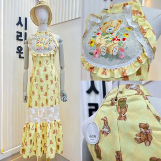 ราคาถูกที่สุด!! SIRI เดรสสีเหลืองลายน้องหมี ปักช่วงอก แต่งระบายซีทรูลูกไม้