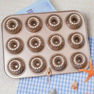 ( 12 ช่องใหญ่ ) Mini Bundt pan ถาดอบขนม พิมพ์ปล่อง พิมพ์ปล่องเกลียว