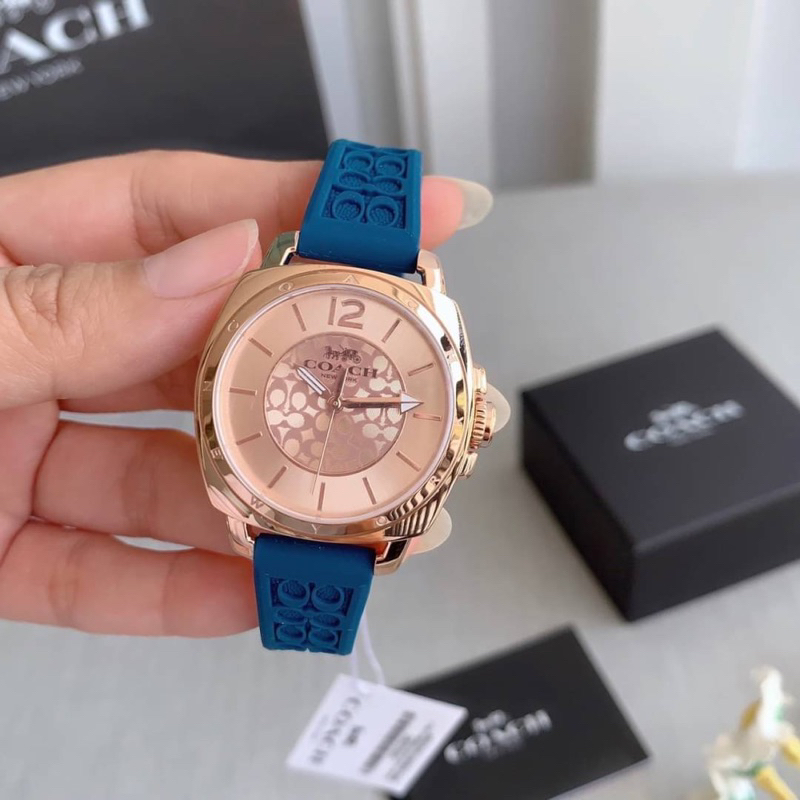 (ผ่อน0%) นาฬิกา COACH Boyfriend 14502095 Women's Wrist Watch สายยาง สีน้ำเงิน ตัวเรือนสีโรสโกลด์
