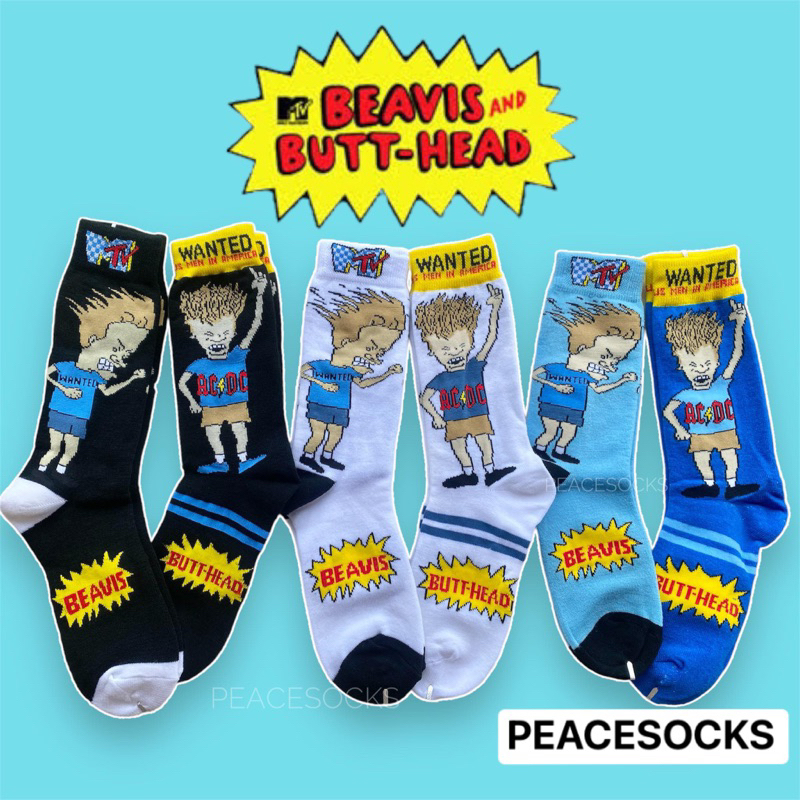 ถุงเท้าลายการ์ตูน Beavis &amp; Butthead ลายกวนๆ ข้อยาวครึ่งแข้ง