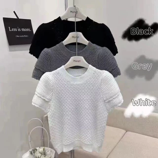 shop_sc เสื้อไหมพรมแขน2ชั้น เสื้อยืดแฟชั่นหญิงสีพื้นคอกลม รุ่น1021