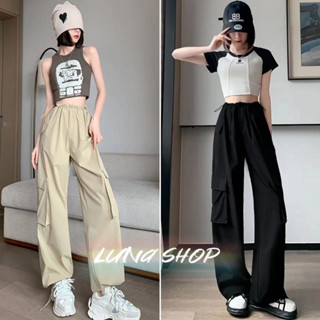 Luna shop🍑กางเกงลำลอง🍄 Cargo pants กางเกงคาร์โก้สไตล์เกาหลี เอวปรับได้ กางเกงขากว้างทรงหลวม