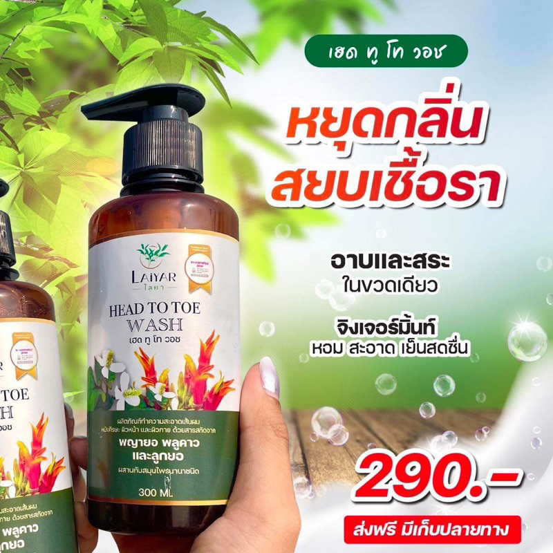 Laiyarไลยา เฮด ทูโทน วอชได้ทั้งสระและอาบยับยั้งเชื้อราลดผดผื่นบรรเทาภูมิแพ้ผิวหนังบำรุงเส้นผมและผิวหนังสมุนไพรแท้ส่งฟรี